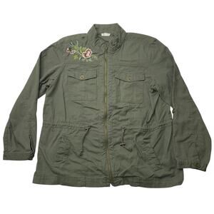 Westport Womens XL Jacket Utility Green Floral Embroidery Pockets Cinch Waist